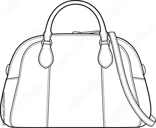 Technical fashion flat sketch of dome-shaped structured handbag with top handles, adjustable strap, and seam detailingTechnical fashion flat sketch of dome-shaped structured handbag 