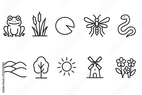 Nature icons: frog, reed, water lily, insect, snake, hills, tree, sun, windmill, flowers