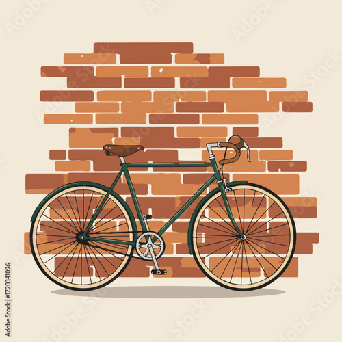 Green bicycle with brown seat against a brick wall on neutral background