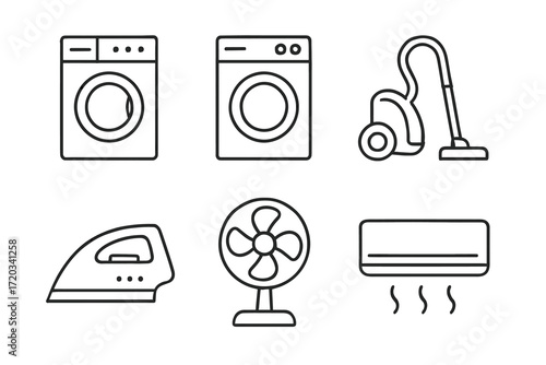 Home appliances line icons: washer, dryer, vacuum, iron, fan, air conditioner