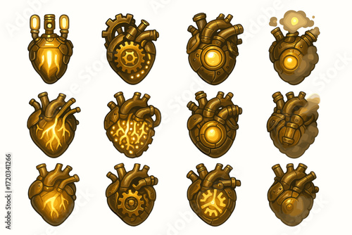 Steampunk mechanical hearts collection with gears and pipes