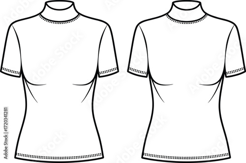 Technical fashion flat sketch of fitted women’s top with high neckline and decorative seam detailing on hems