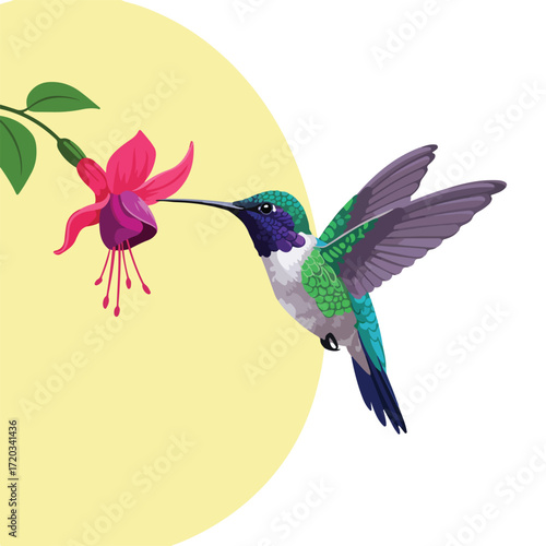 Hummingbird sips nectar from a pink flower on a soft yellow background
