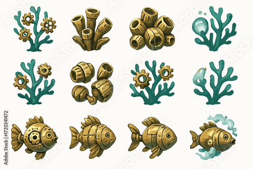 Steampunk marine life: mechanical fish and gears with coral designs
