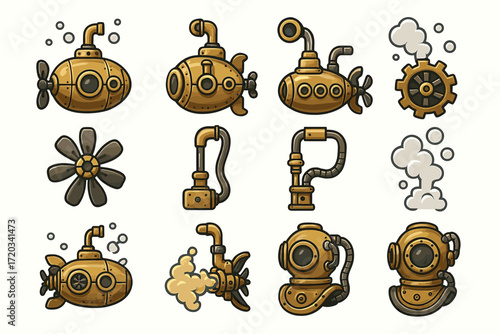 Steampunk submarine and diving equipment illustrations with gears and pipes