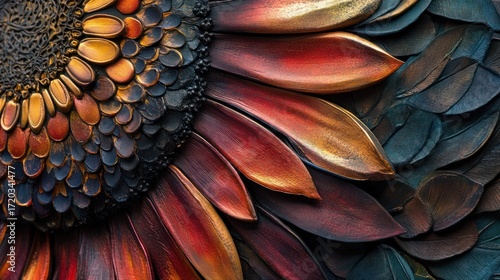 Close-up of an Artistic Sunflower Sculpture: A Symphony of Autumnal Hues