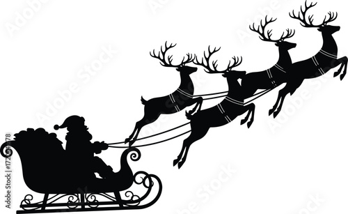 Santa sleigh silhouette, flying reindeer illustration, festive Christmas scene, holiday gift delivery, winter celebration art, black vector design, seasonal icon
