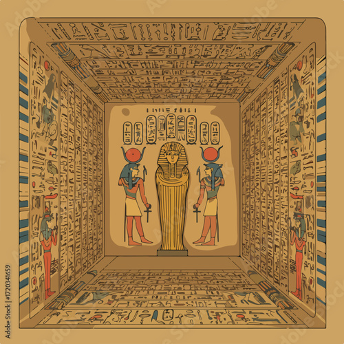 Egyptian tomb interior sarcophagus between two figures, hieroglyphs line the walls