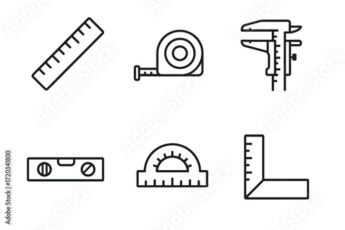 Measurement tools icons: ruler, tape, caliper, level, protractor, square