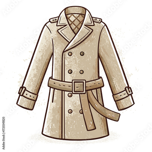 Trench coat with belt in vintage style on white background concept of icon  