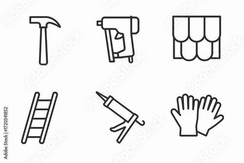 Construction tool icons: hammer, nail gun, awning, ladder, caulking gun, gloves