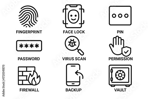 Digital security icons: fingerprint, face lock, pin, password, virus scan, permission, firewall, backup, vault