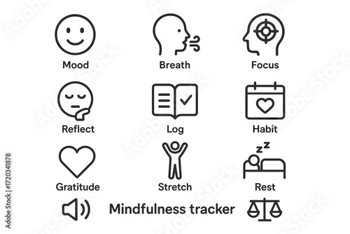 Mindfulness tracker icons: mood, breath, focus, reflect, log, habit, gratitude, stretch, rest