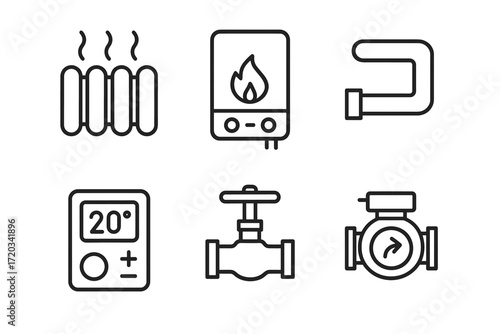 Home heating system icons: radiator, boiler, pipe, thermostat, valve, pump