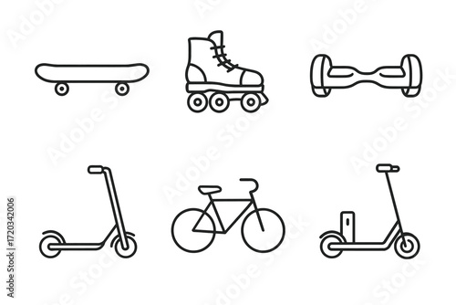 Line art illustrations of various personal transportation devices