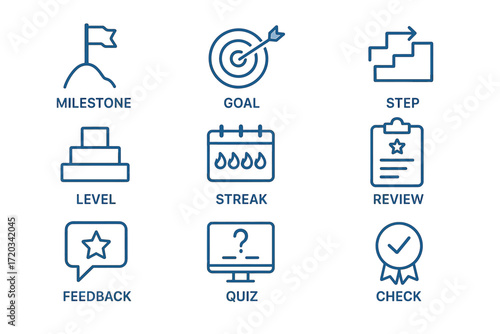 Achievement icons set: milestone, goal, step, level, streak, review, feedback, quiz, check