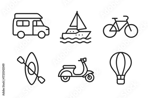 Transportation icons set: camper, sailboat, bicycle, kayak, scooter, hot air balloon