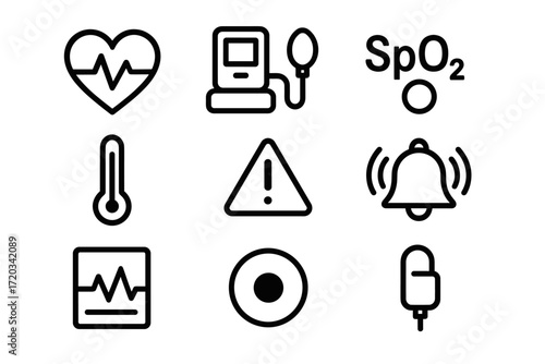 Medical icons: heart rate, blood pressure, temperature, alert symbols