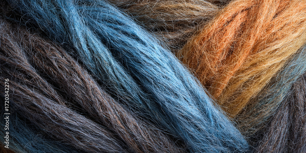Fototapeta premium Multicolored wool fibers with blue, brown and orange tones forming textured bundle background for textile and craft design - AI generated