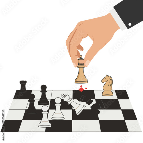 Hand moves a queen on a chessboard with fallen pieces