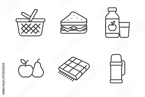 Picnic essentials: basket, sandwich, juice, fruits, blanket, thermos outlined icons