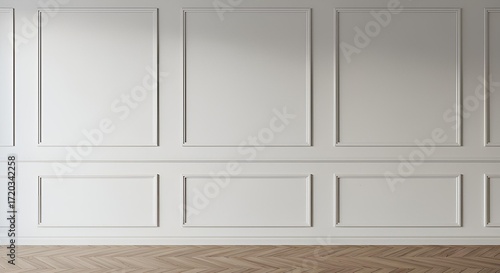 Room interior with white classic wall panel and wooden floor. Light background with luxury elegant molding frames. Realistic 3d vector illustration of home or office design with moulding and parquet