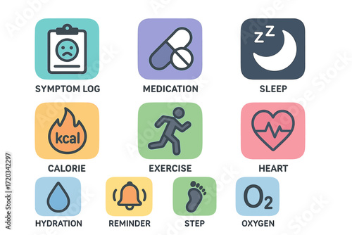 Healthcare app icons: symptom log, medication, sleep, calorie tracker, exercise, heart, hydration, reminder, step, oxygen