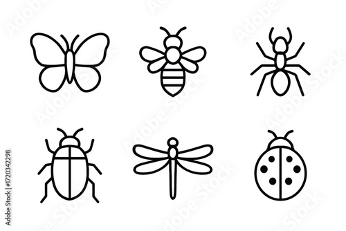 Outline icons of butterfly, bee, ant, beetle, dragonfly, and ladybug