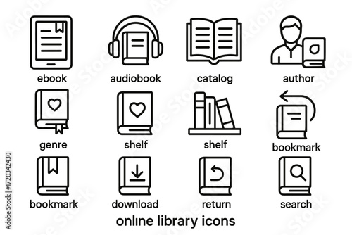 Online library icons: ebook, audiobook, catalog, author, genre, shelf, bookmark, download, return, search