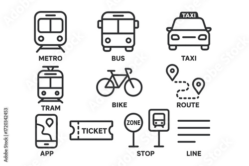 Public transportation icons set: metro, bus, taxi, tram, bike, route, app, ticket