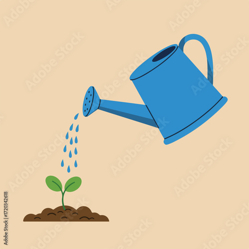 Sprout gets watered by a blue watering can with droplets on beige backdrop