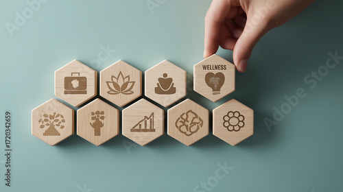 Eight wooden blocks with icons representing the dimensions of wellness — occupational, spiritual, financial, social, intellectual, environmental, emotional, and physical — symbolizing balanced, holist