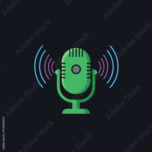 Green vintage microphone with radiating waves on a black background