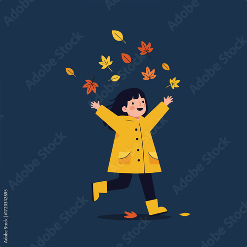 Girl in yellow raincoat throws autumn leaves in the air, smiling