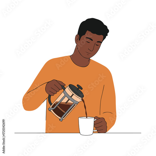 Person pours coffee from a French press into a white mug