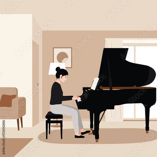 Woman plays grand piano in a beige living room, light through window
