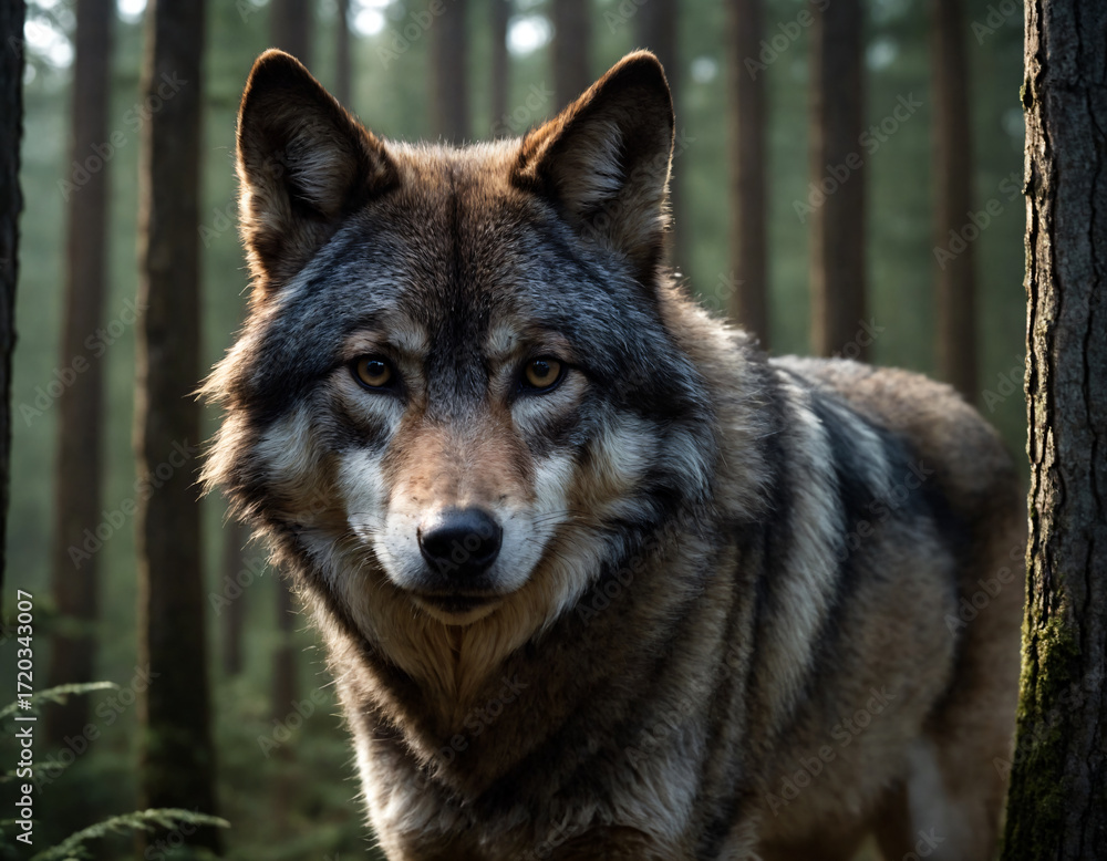 Naklejka premium Partrait of a huge gray wolf against a forest background.