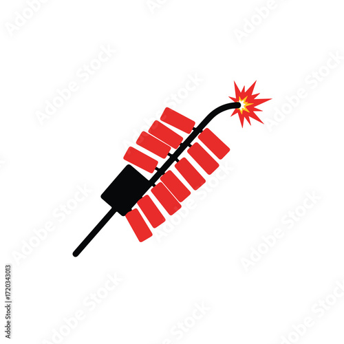 Red firecrackers connected by a black fuse with a bright yellow burst
