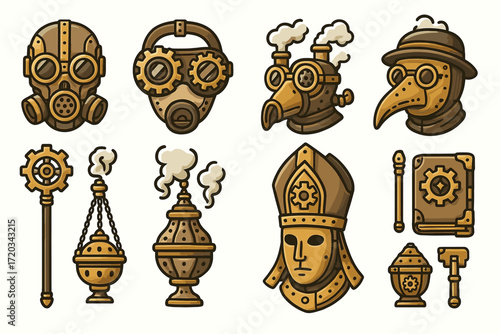 Rustic steampunk icon set: gears, masks, and helmets in vintage style