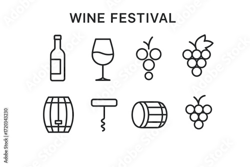 Wine festival icons: bottles, glasses, grapes, barrels, corkscrew