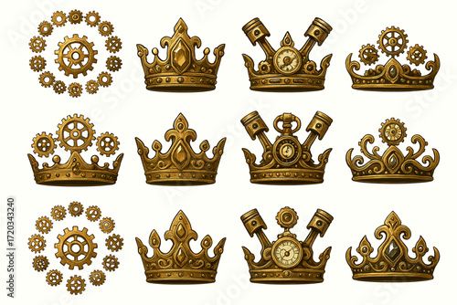 Intricate steampunk crowns with gears and mechanical designs in gold