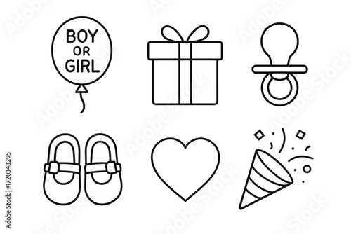Baby shower icons: balloon, gift, pacifier, shoes, heart, party popper