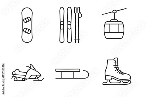 Winter sports equipment icons: snowboard, skis, gondola, snowmobile, sled, ice skate