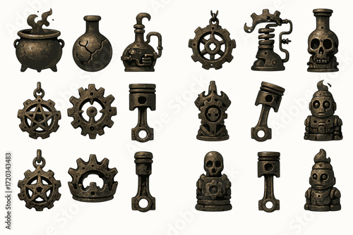 Steampunk icons: cauldron, potion, gears, skulls, robot, and piston details