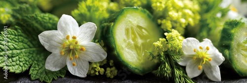 Fresh cucumber slices, delicate white flowers, and lush greenery evoke wellness, natural beauty, and healthy living for spa, food, or lifestyle concepts