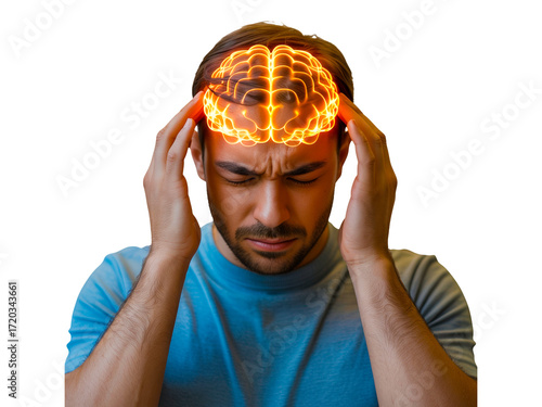 Man with headache and brain inflammation isolated on transparent background