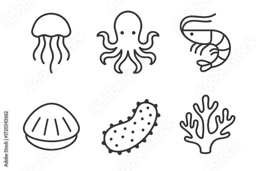 Sea life icons: jellyfish, octopus, shrimp, seashell, sea cucumber, coral