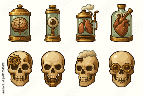 Steampunk anatomy: brains, eyes, lungs, hearts in jars with mechanical skulls