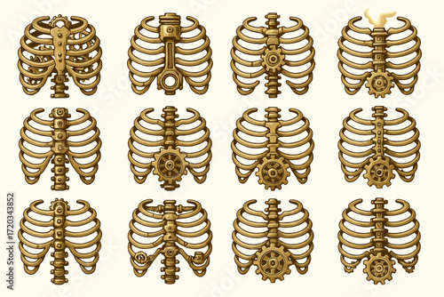 Steampunk ribcages: brass equipment and gears on skeletons in vintage style