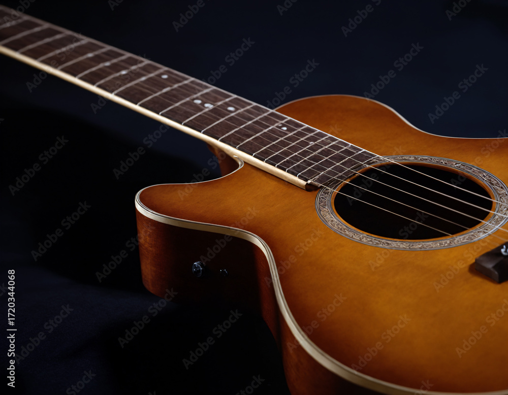 Fototapeta premium Beautiful guitar fingerboard on a black background.